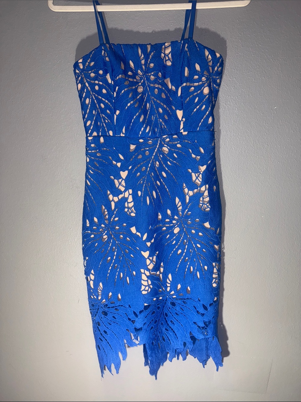Lulus Resplendence Blue Lace Palm Leaf Bodycon Midi Dress XS